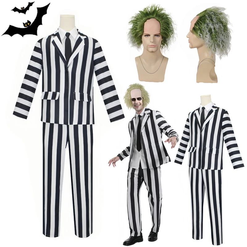 Cosplay Costume Anime Cosplay Beetle Juicee Men Black and White Striped Suit Scary Halloween Wig Tie Shirt for Cosplay Party