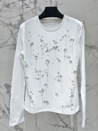 

2023 Women's Clothing T-shirt with crystal chain embroidery and bead decoration Autumn Winter New 1129