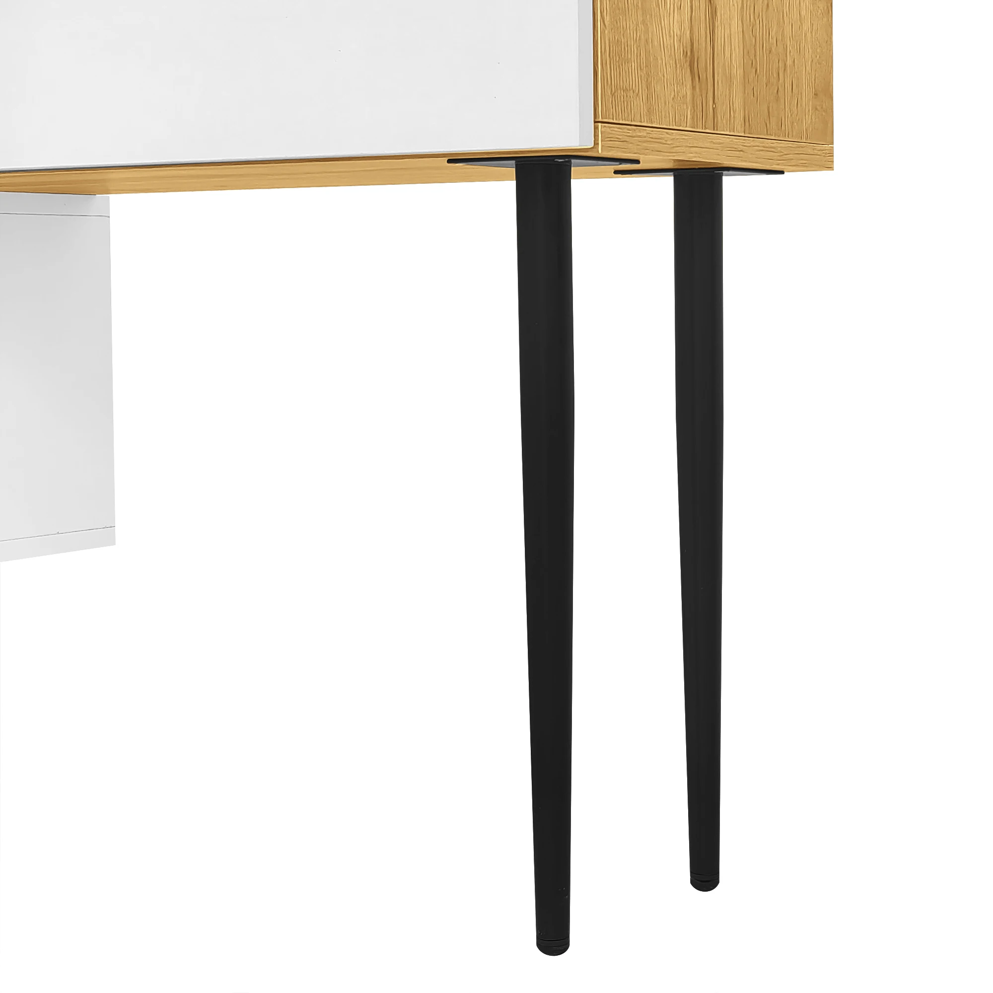 Moderner, verstellbarer TV-Schrank, modularer 2-teiliger Aufbau in Holzoptik und Mattweiß mit schwarzen Metallbeinen. – Detail 20