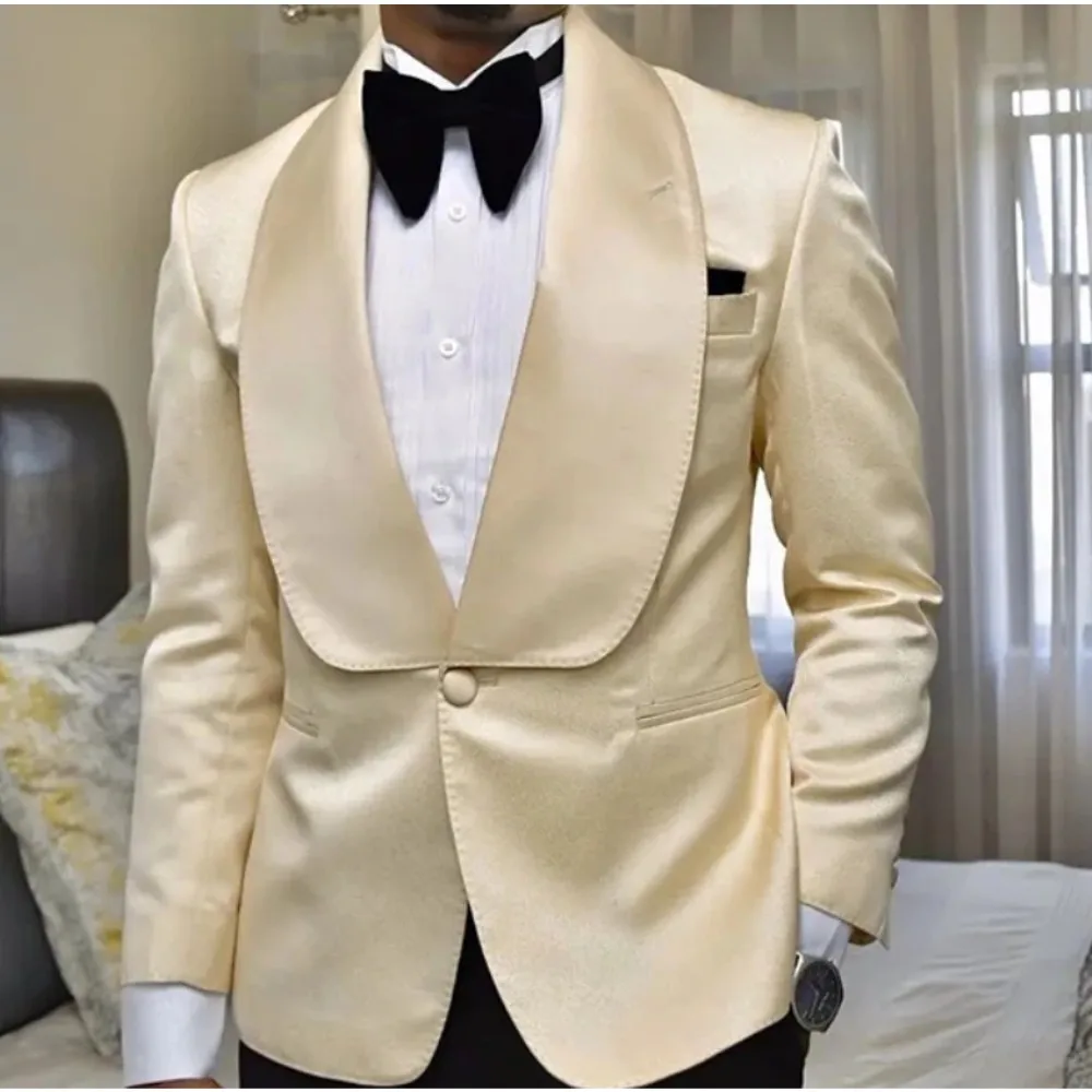 

Champagne Satin Wedding Suits for Groom One Button Tuxedos Blazer Set trajes elegante para hombres 2 Pieces Jacket Black Pants