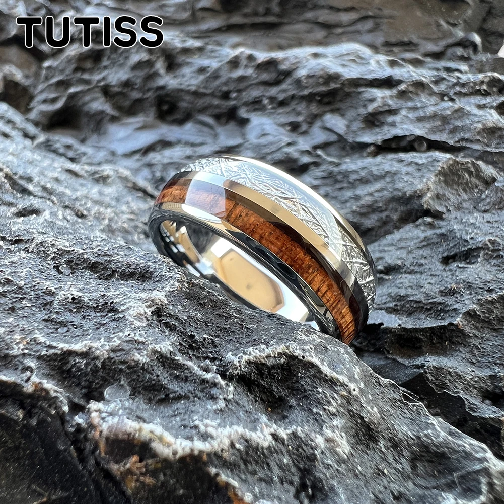 TUTISS 8mm Men's and Women's Wedding Tungsten Ring with Double Slots Inlaid with Redwood and Meteorite for Comfortable Fit
