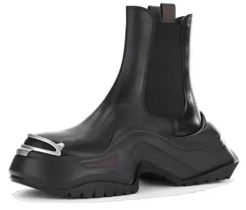 Drop Shipping Men\'s Metal Round Toe Rock Punk High Top Short Chelsea Boots Male Thick Sole Platform Black Genuine Leather Boots