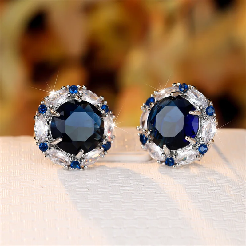 Cute Female Blue Stone Stud Earrings Silver Color Zircon Stone Jewelry For Women Charm Luxury Crystal Snowflake Wedding Earring