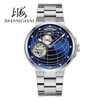 Shanghai Tourbillon Watch Men's Mechanical Watch Manual Winding Rotating Global Dial Sapphire Waterproof Business Wristwatch 1