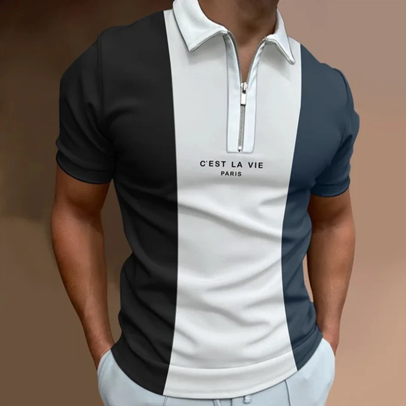 

Men Summer Short Sleeve Zipper Polo Shirt , Men Casual Spell Color Polo Shirt .