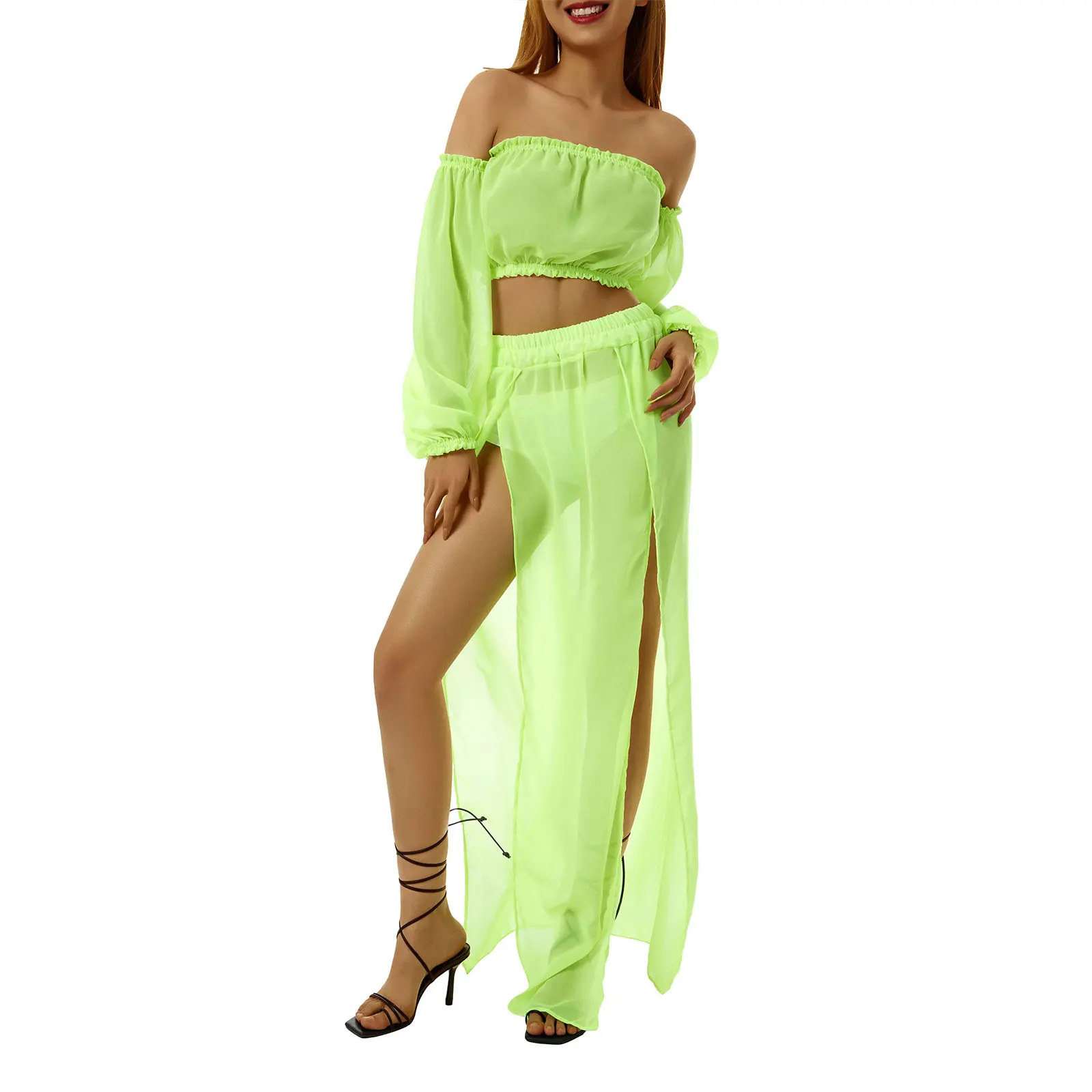 여성용 섹시한 해변 휴가 쉬폰 오프 숄더 긴 소매 프릴 크롭 탑 커버 업, 하이 웨이스트 슬릿 탱크 탑, 원피스 커버 업
