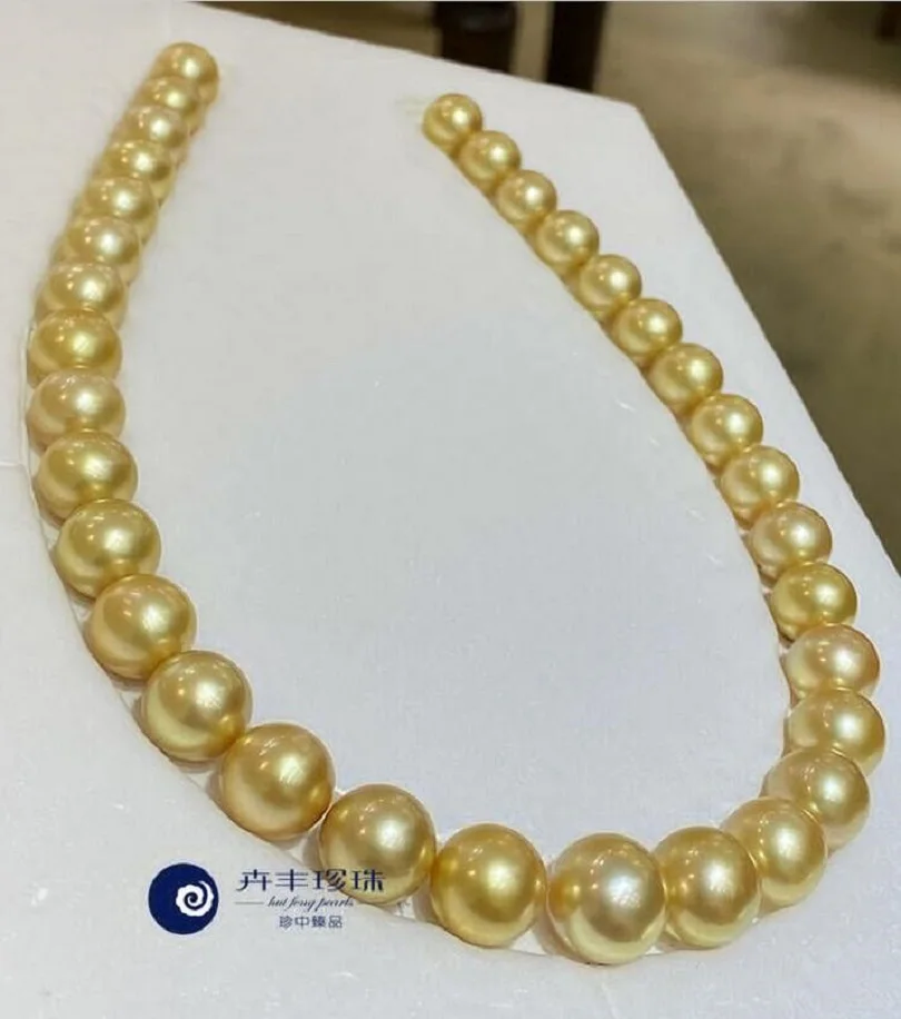 18 inch AAAA 10-11mm natural round South China Sea gold pearl necklace 14K-