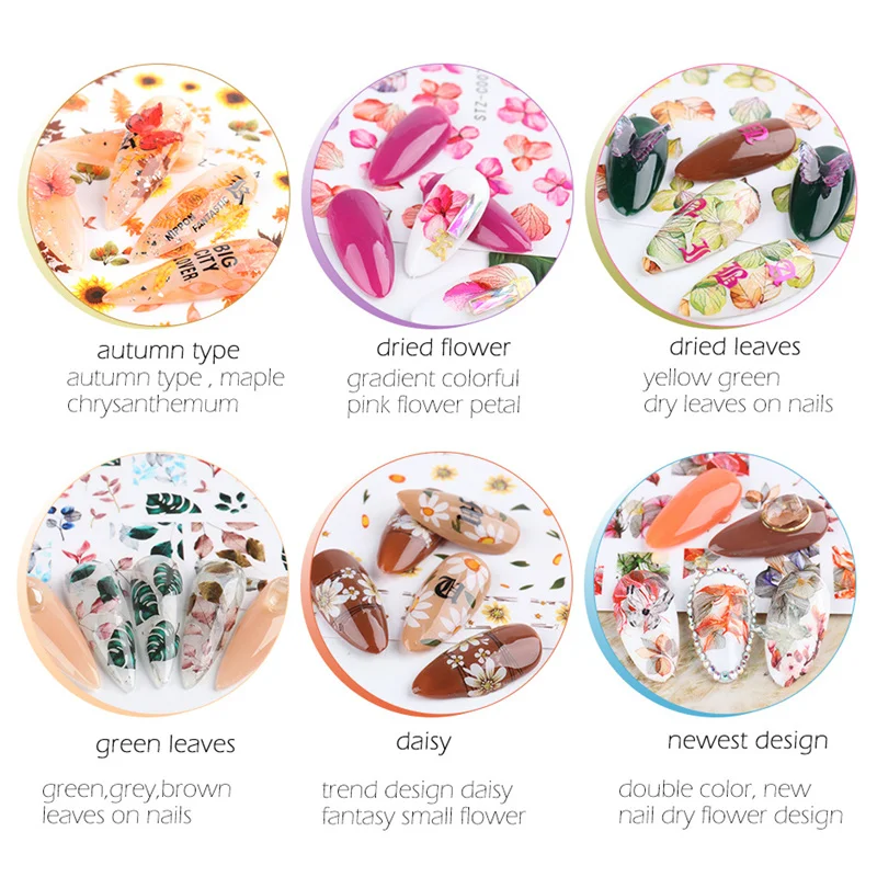 

1pcs 3D Nail Stickers Flowers Colorful Drieds Florals Leaves Decals Nail Art Adhesive Sliders Charms Manicure Decoratio Supplies