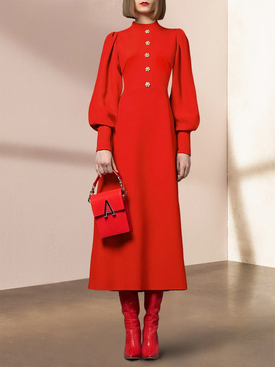 

Women's Dress 2023 New Red Slim-Fit Vintage Lantern Sleeve Button Decorated Long Sleeve Dress Free Shipping