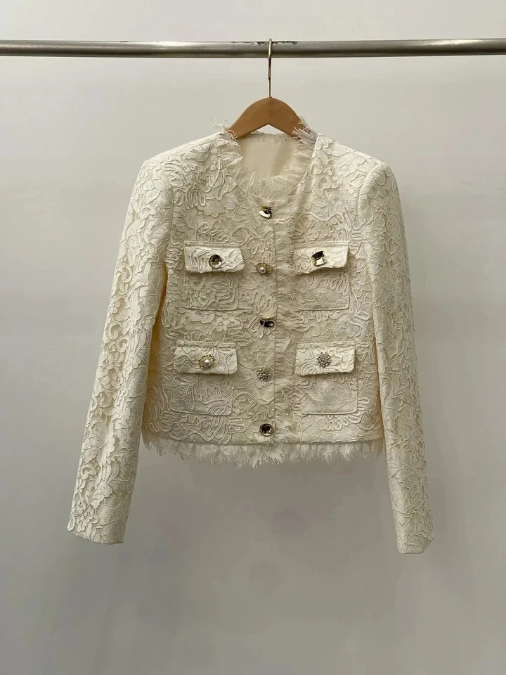 

2024 new women fashion high quality long sleeve crewneck ivory white lace top jacket