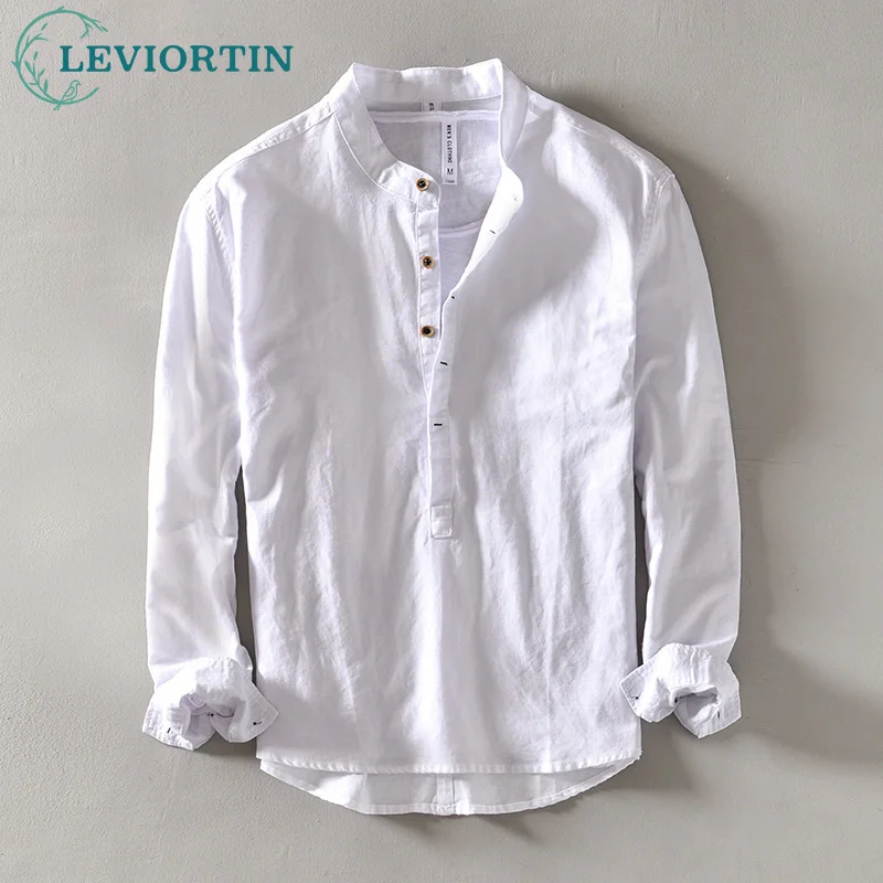 Solid Color Men's Long Sleeve Shirt Japanese Styles Standing Collar Loose Fitting Classic Pullover Half-cardigans Shirt Tops