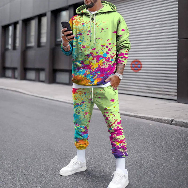 3D  Printed Color Graffiti Hoodies Pants Suits Mens Womens Fashion Autumn Winter Casual Pullover Sweatshirts Sets Street Style