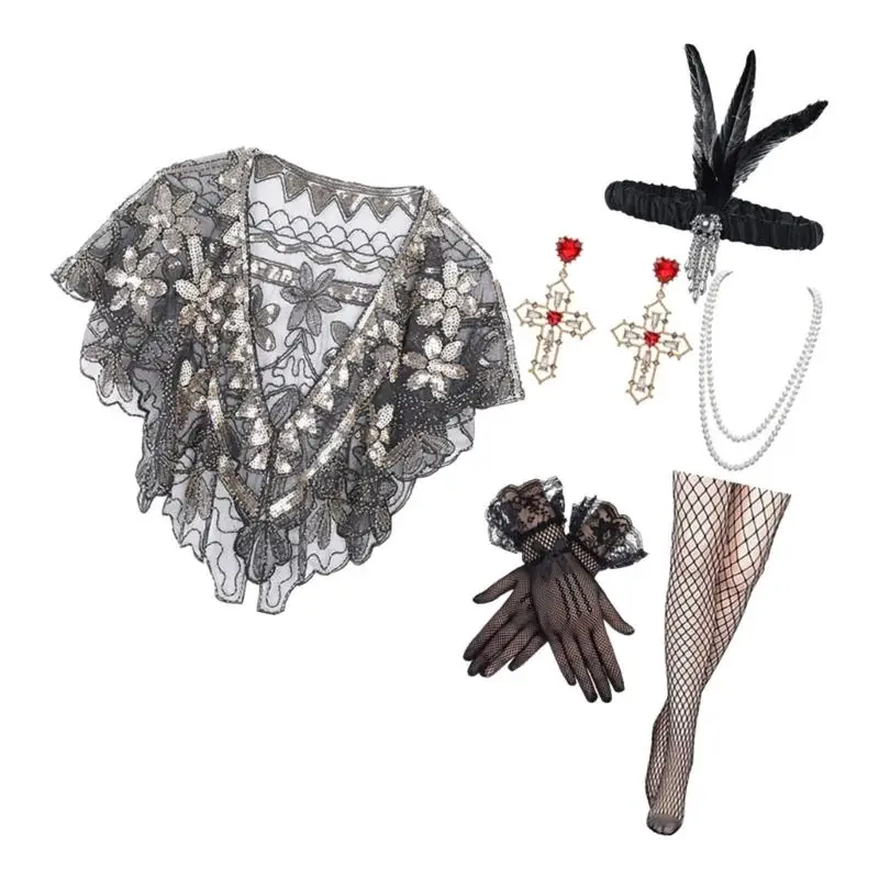 39BD Vintage-Kostümset für Damen Stil der 1920er-Jahre, glitzernde Perlenkette, Schultertuch und elegante Accessoires für – Detail 10