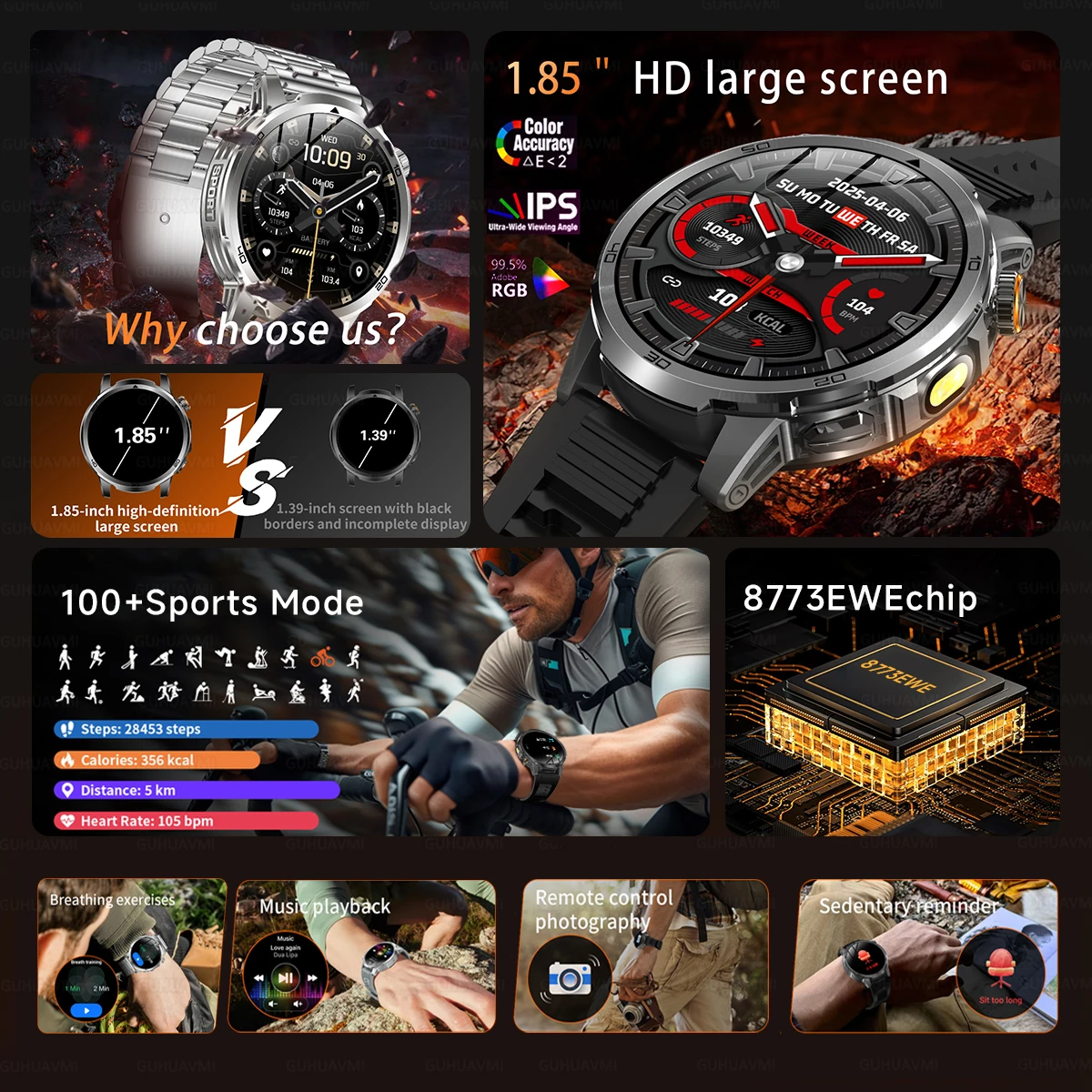 2026 New Outdoor Military 1.85-inch 466*466 Smart Watch Fitness Clock Men 1000mAh Battery 10ATM Waterproof HD Call Bracelet Men 2