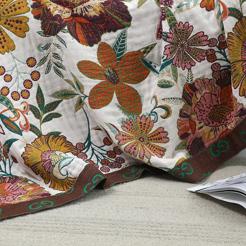 텍스타일 시티 플로럴 코튼 6겹 거즈 타월 담요, 전원풍 식물 꽃무늬 담요, 통기성 좋은 부드러운 침대용 담요