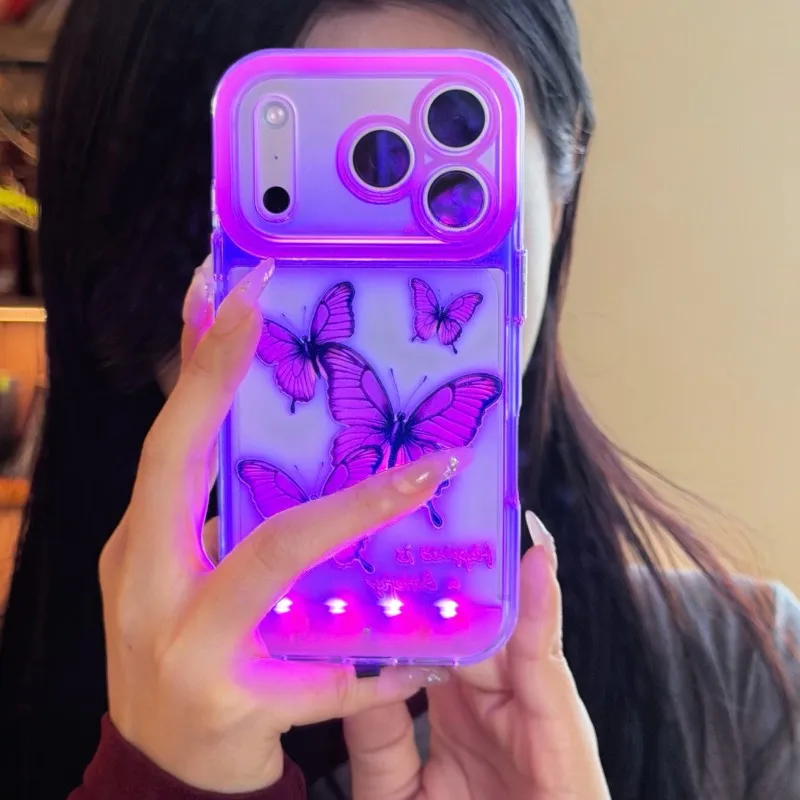 Luminous Purple Butterfly Pattern Phone Case with Light-Up Design