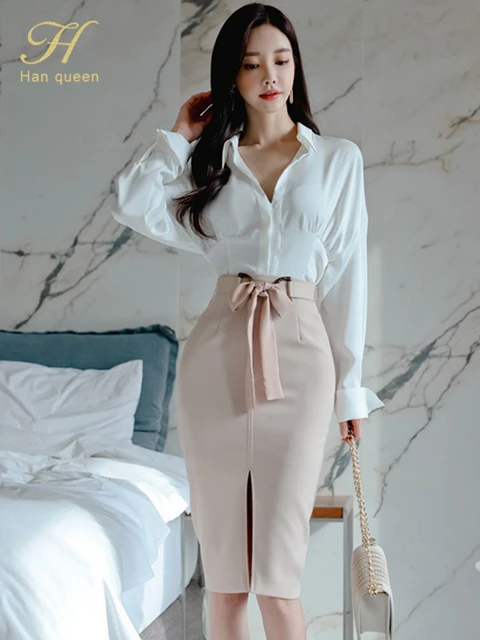 H Han Queen Women 2022 wiosna odzież robocza OL 2 sztuki zestaw białe  bluzki i sznurowane