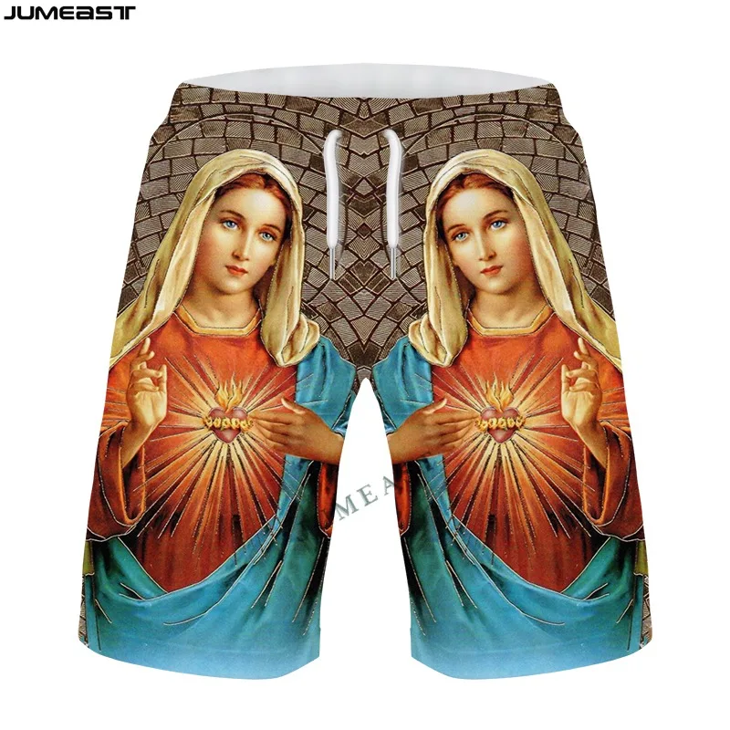 

Jumeast Men Women Oversized Christian Catholi Virgin Mary Jesus Shorts Trunks Board Shorts Beach Casual Sweatpants Short Pants