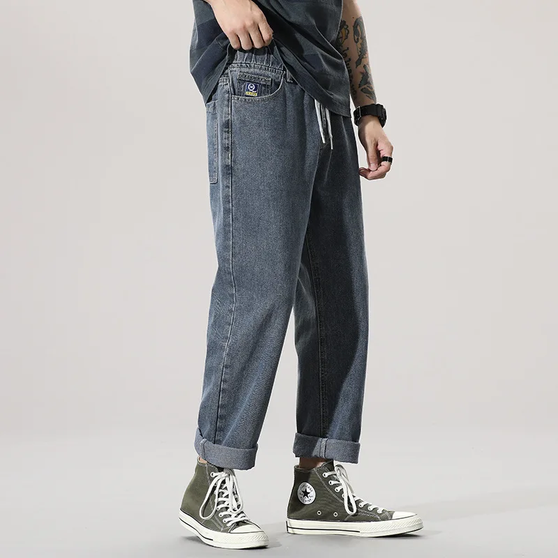 Jeans Men Autum Summer Baggy Thin Street Ruffian Handsome Loose Pants Straight Drop Vintage Denim Distressed  Blue Elastic Waist