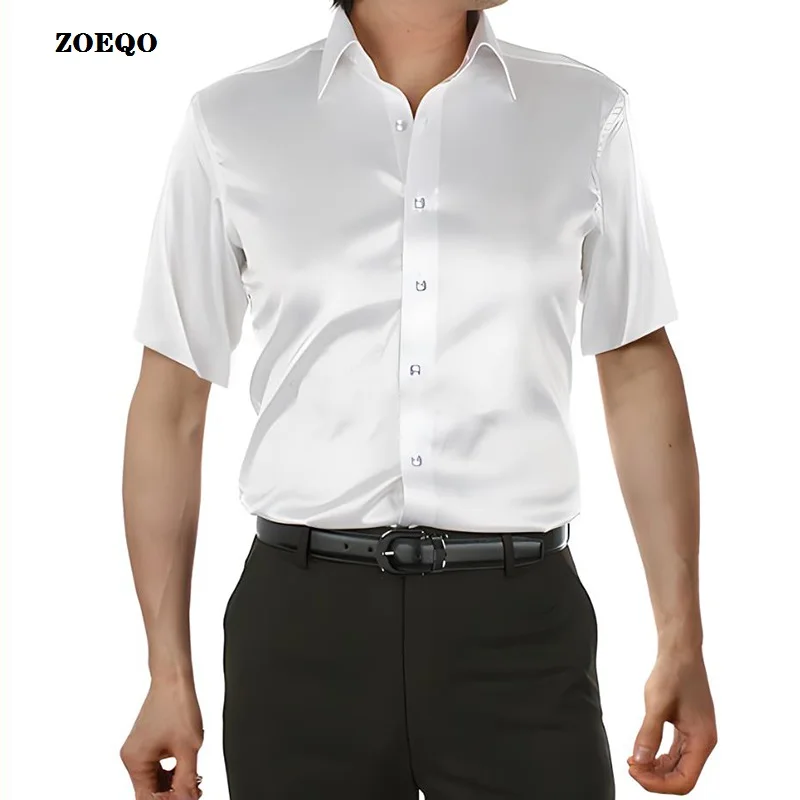 Мужская шелковая рубашка ZOEQO, Летняя Повседневная рубашка с коротким рукавом