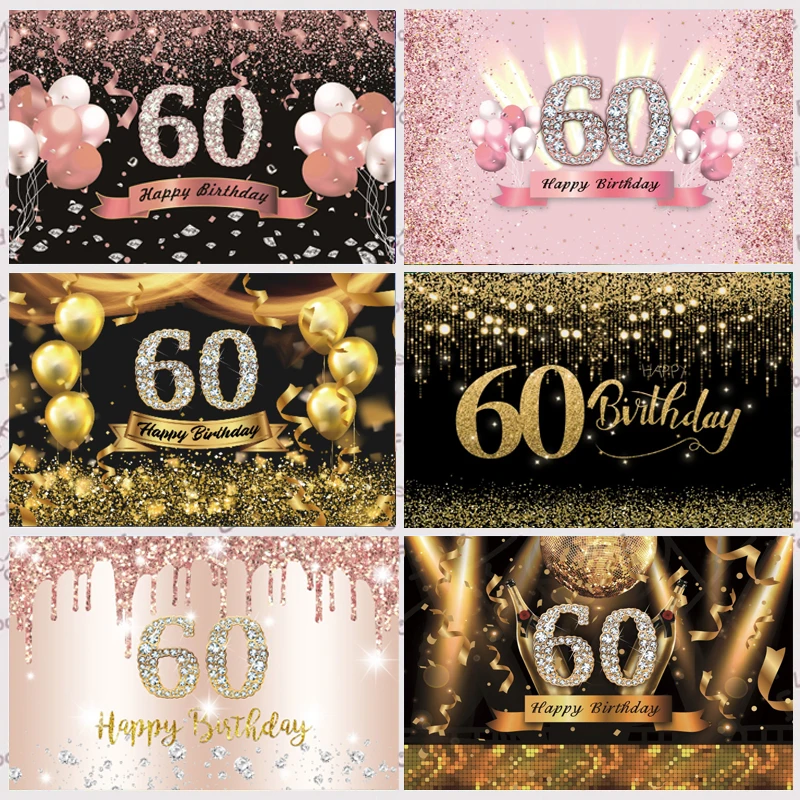 

60th Photo Backdrop Black Rose Glod Men Women Sixty Happy Birthday Party Custom Photography Background Photocall Props Banner