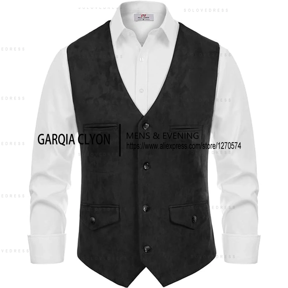 Classic Style V Neck Suede Vintage  Casual Western Cowboy Vest Single Breasted With Pockets Men's Waistcoat 3