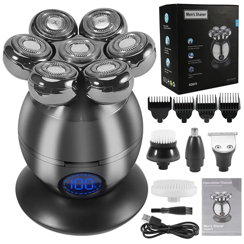 Electric Shaver 5 in 1 Head Shaver for Bald Men 7D Floating Cutter Beard Trimmer Clipper IP68 Waterproof Shaving USB Wireless Charging