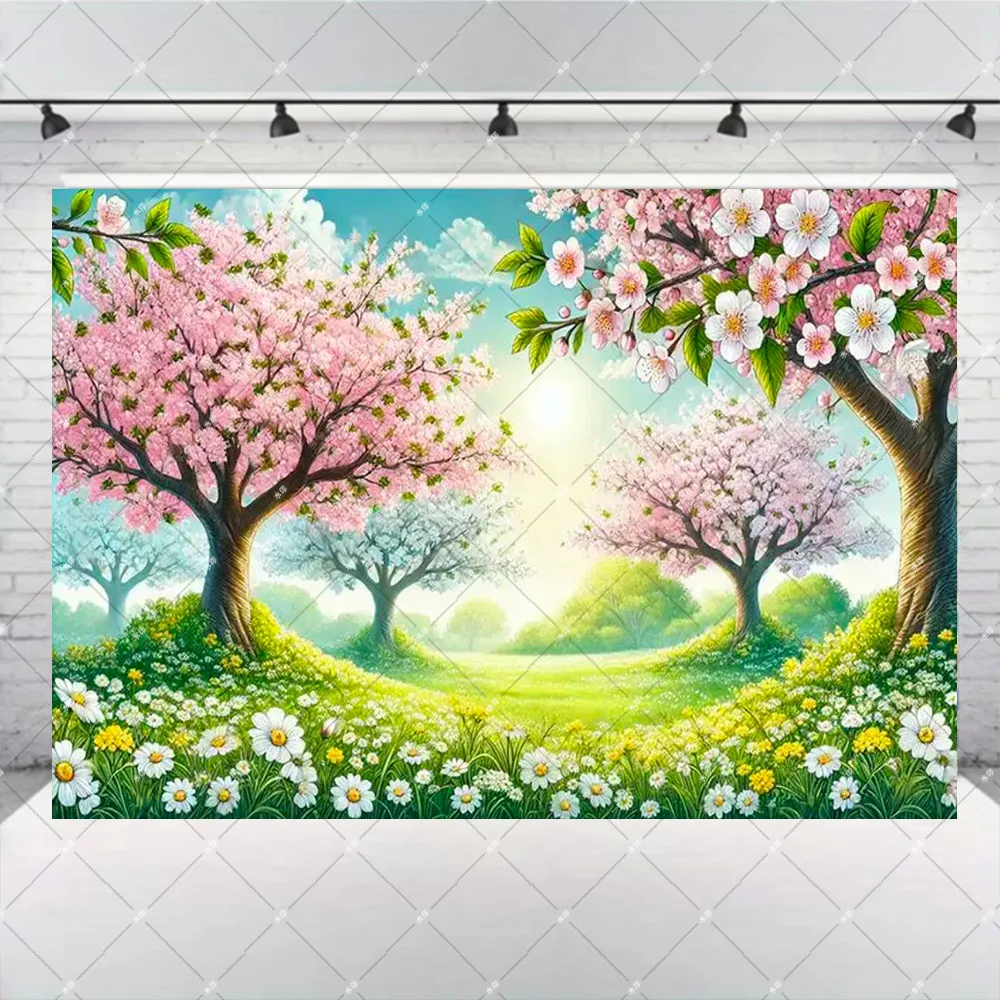 Spring Natural Flowers Theme Garden Backdrop with Cherry Blossoms and Grass