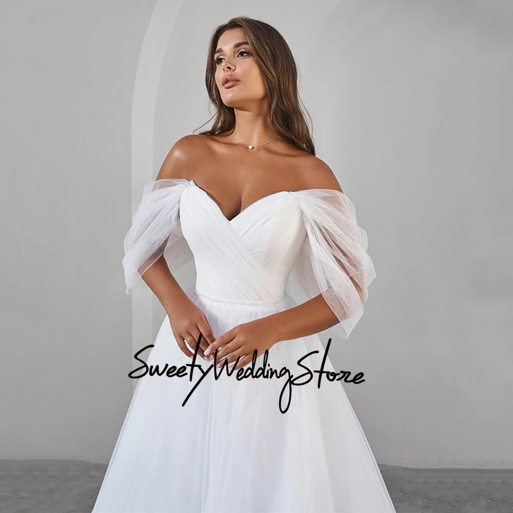 Wedding Dress Customized Off The Shoulder V Neck Pleat Sweep Train Soft Tulle A Line Corset Bridal Gown Vestido Novia 6