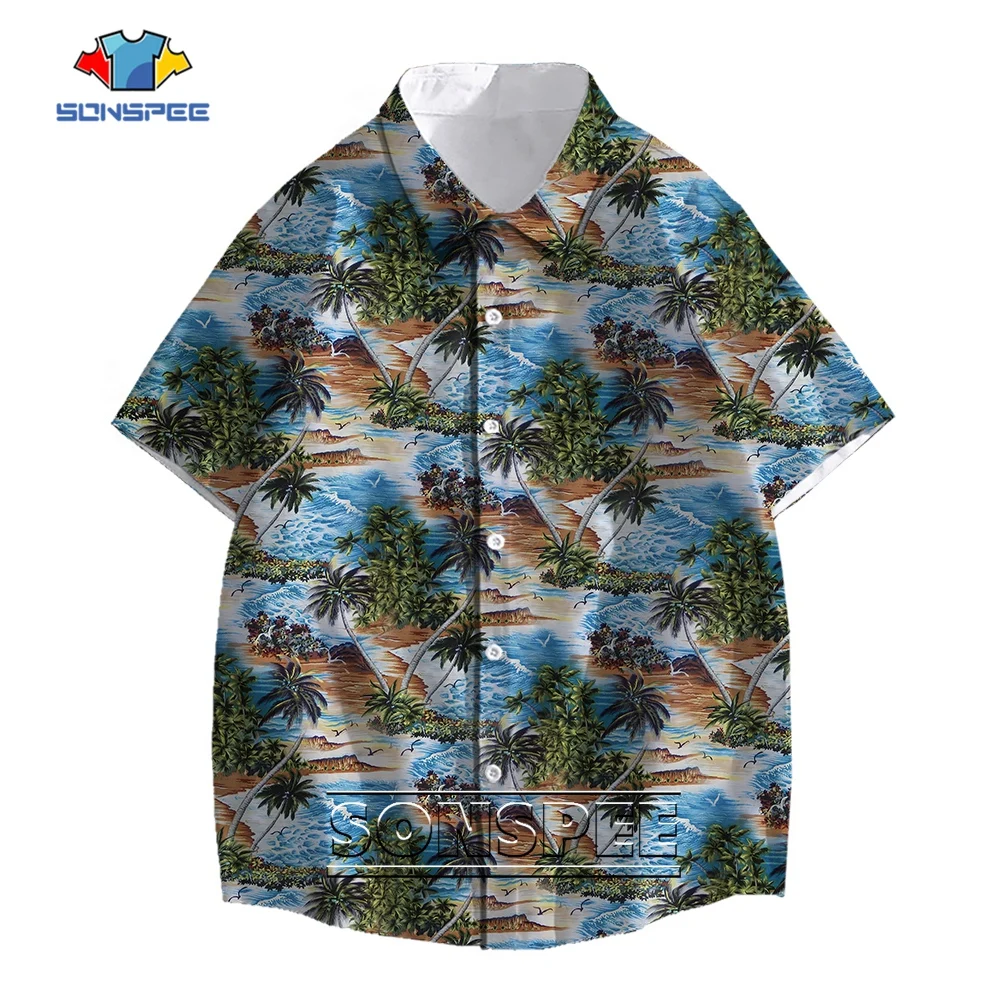 SONSPEE Dense Pattern Beach Coconut Tree 3D Print Harajuku Hawaii Shirt Men Women Seabirds Hip Hop Oversize Short Sleeve Blouse pearl diary summer new style slash neck short top women high waist thin skirts dense flower pattern dress all match skirt sets