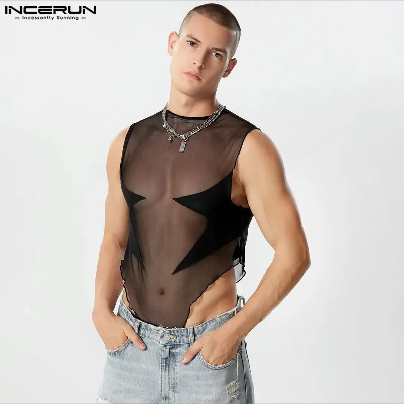 

INCERUN 2023 Sexy Men Loungewear Bodysuits Spliced Mesh Perspective Rompers Fashion Hot Sale Triangle Sleeveless Jumpsuits S-3XL