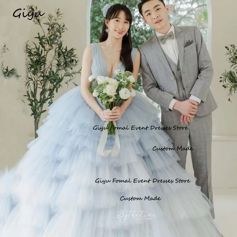 

Giyu Fairy Wide Strap Korea Wedding Dress Photoshoot V-Neck Multi-lay Floor-Length Tulle Evening Gown Dress Birthday Party Dress