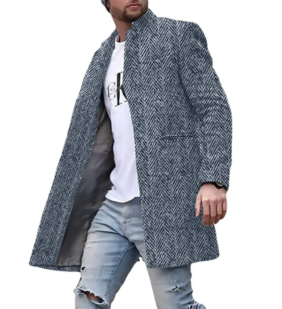 new spring print new men's street youth woolen stand collar medium length pocket casual coat trench coat men techwear
