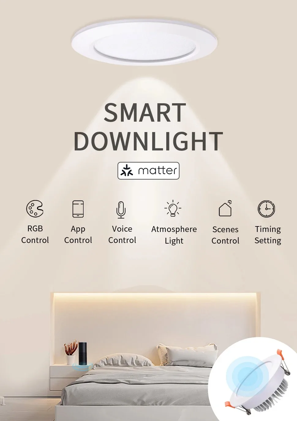 Matter Over WiFi Smart LED Downlight 15W RGB+CW Dimmable Ceiling Lamp Homekit Al