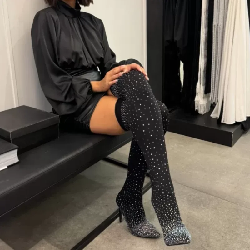 Womens Sparkly Faux Diamonds Over Knee Boots Knee-high Boots for Women Design Crystal Pointed Toe Stiletto Striptease High Heel