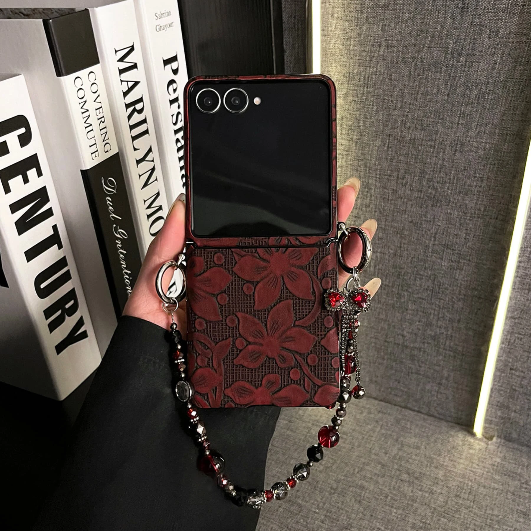 Luxury Dark Red Flower Tassel Crystal Bow Bracelet Phone Case - Stylish Back Cover