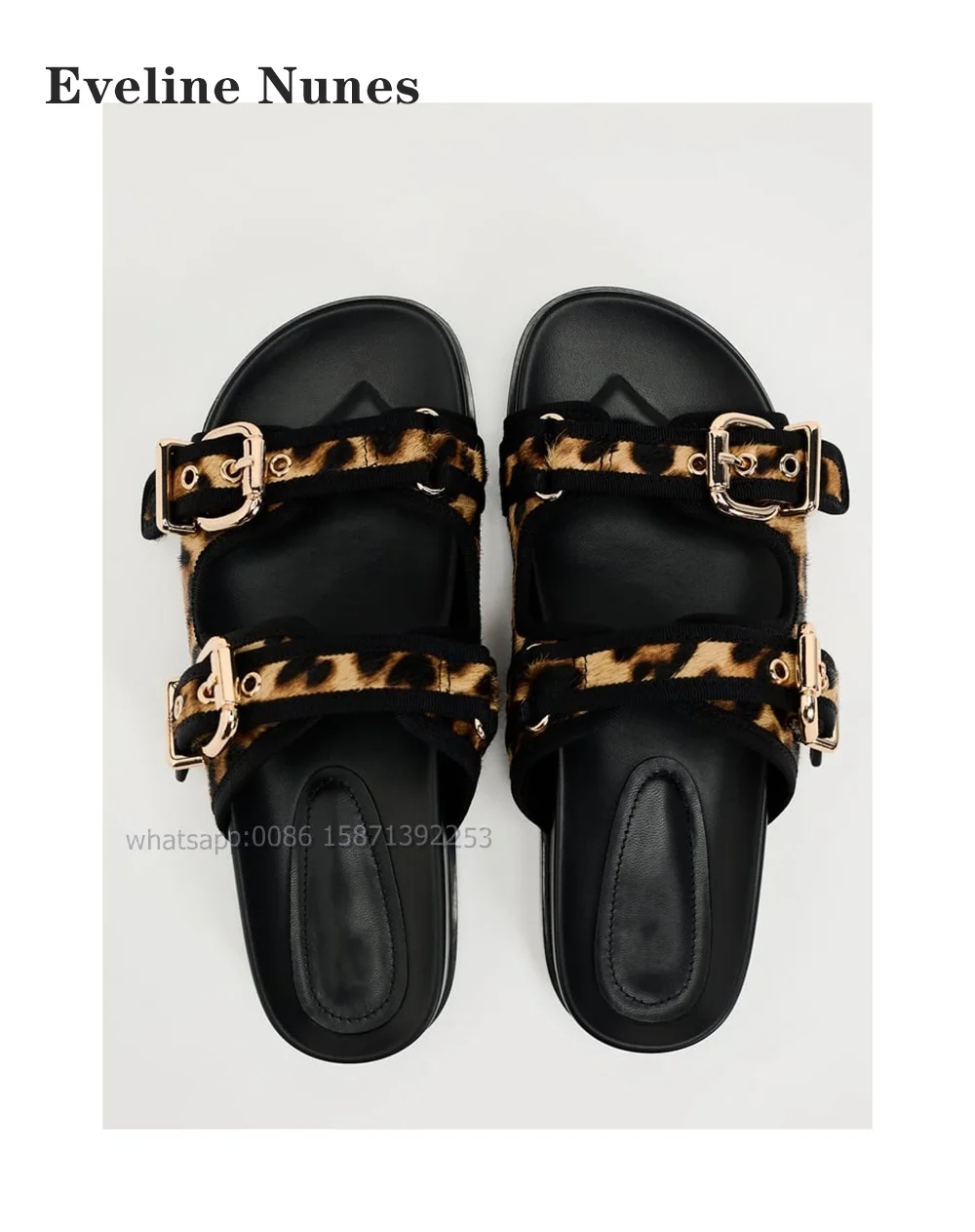 Leopard Mental Buckle Women Slides Open Toe Flat with Side Air Belt Buckle Modern Slippers Slip On Hollow Sandals Sand Summer