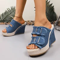 Blue Denim Wedge Heel Sandals for Women Summer Fashion Double Buckle Chunky Platform Sandals Woman Gothic Thick Bottom Slippers - Image 4