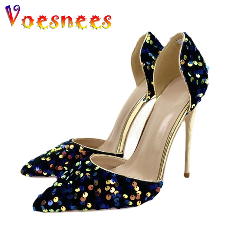 

Models Walk Show New Sandals Fashion Pointed Toe With Sequin High Heels Summer Shiny Wedding Shoes 12CM Cover Heel Women Pumps