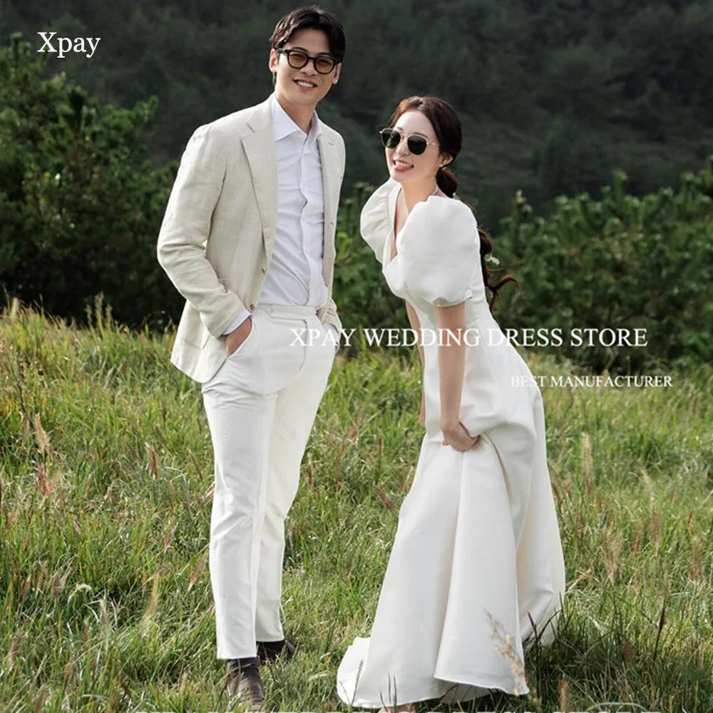 

XPAY Short Puff Sleeve Korea A Line Wedding Dresses Simple Satin Garden Bridal Gowns Backless Photo Shoot Beach Bride Dress