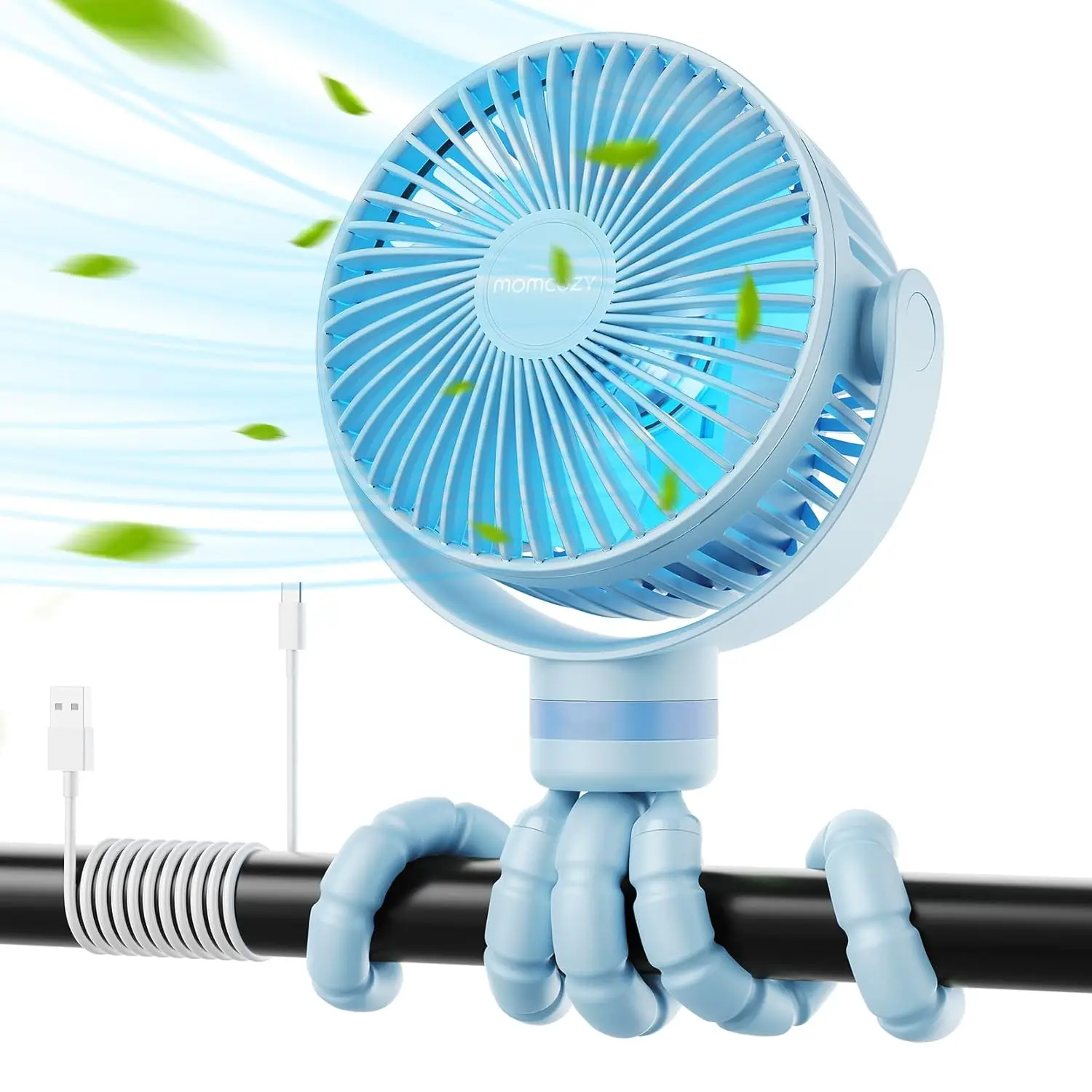 Momcozy Draagbare Kinderwagenventilator, 8000 mAh, 27 uur Accuduur, Afneembaar, 4 Snelheden, 360° Draaibaar, Led-nachtlampje Met 2 Standen, Oplaadbaar Via USB(Zwart