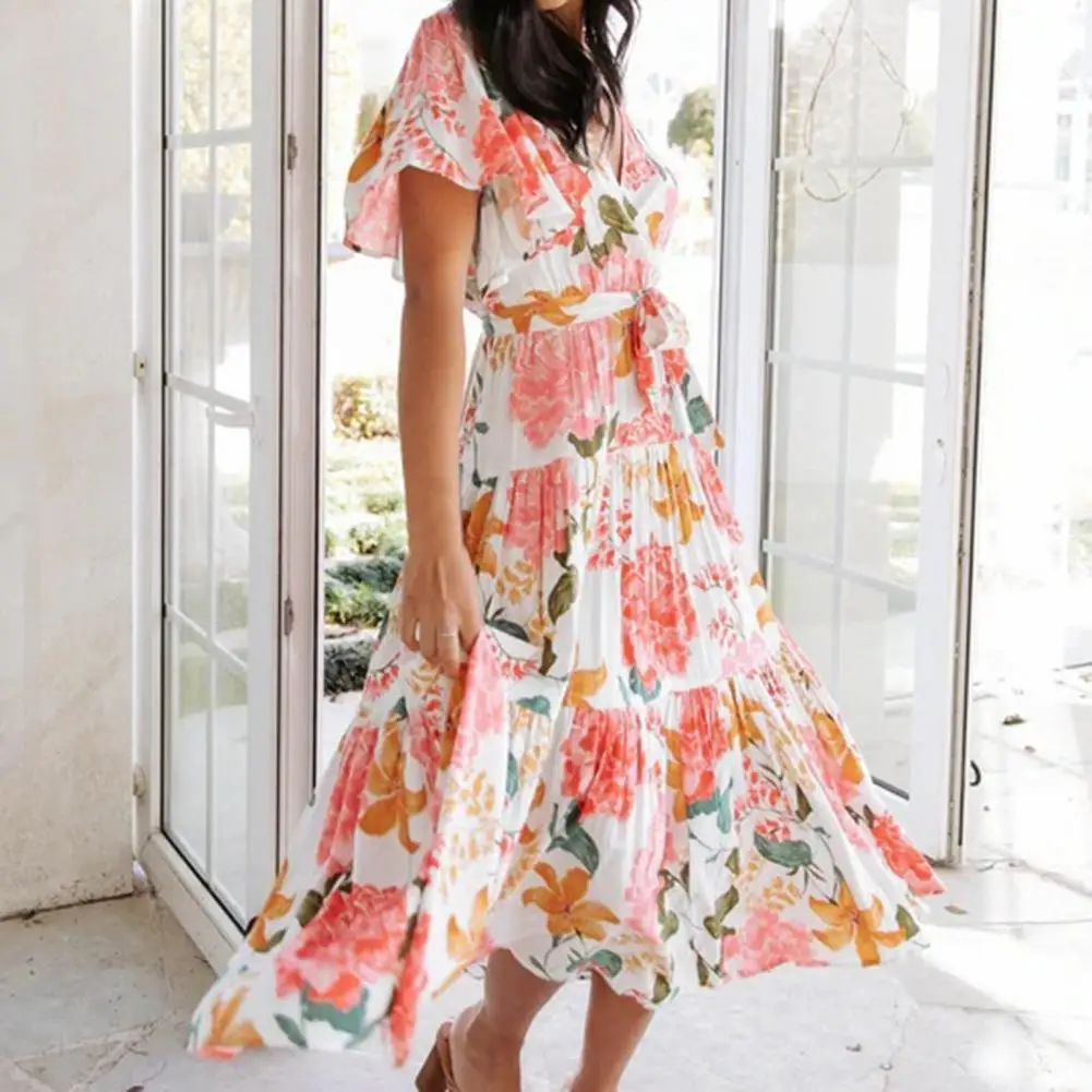 Women Sexy V-neck Summer Dress Printed Flowers Beach Holiday Dress Short Sleeve Tight Waist Bohemia Style Dress Women Long Dress