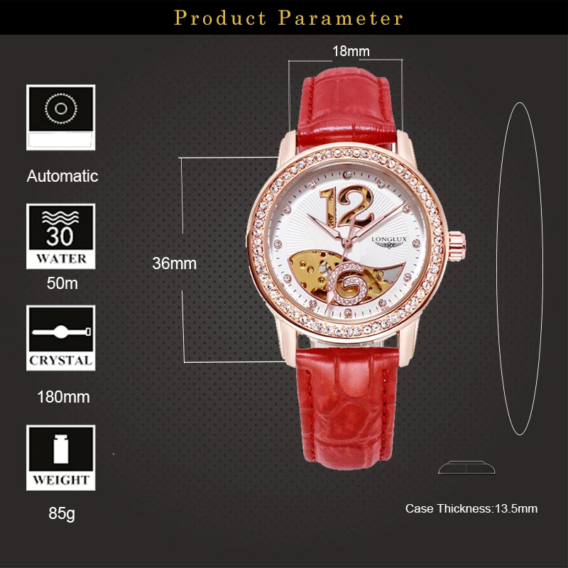 LONGLUX Top Brand Women Mechanical Automatic Watches Luxury Diamond Ladies Leather Strap Wristwatch Waterproof Bracelet Watch