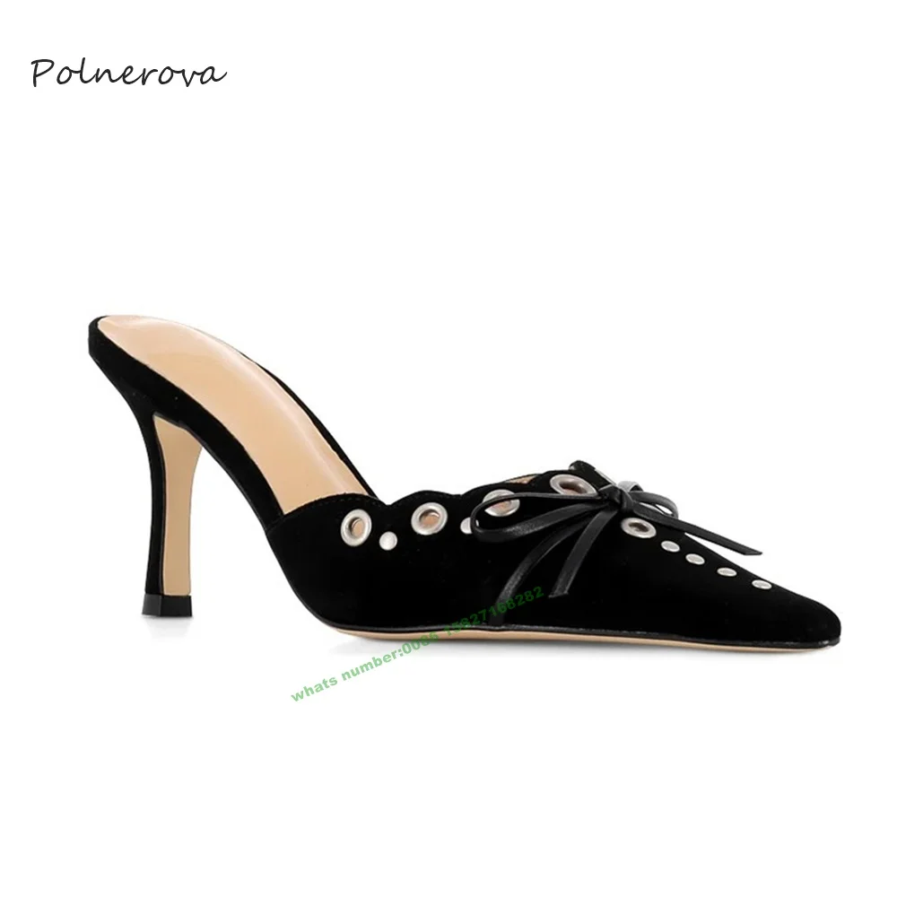 Pink Suede Pointed Toe Slippers Middle Heel Butterfly Knot Slippers Outside Dress Banquet Shoes for Women 2023 Summer Newest