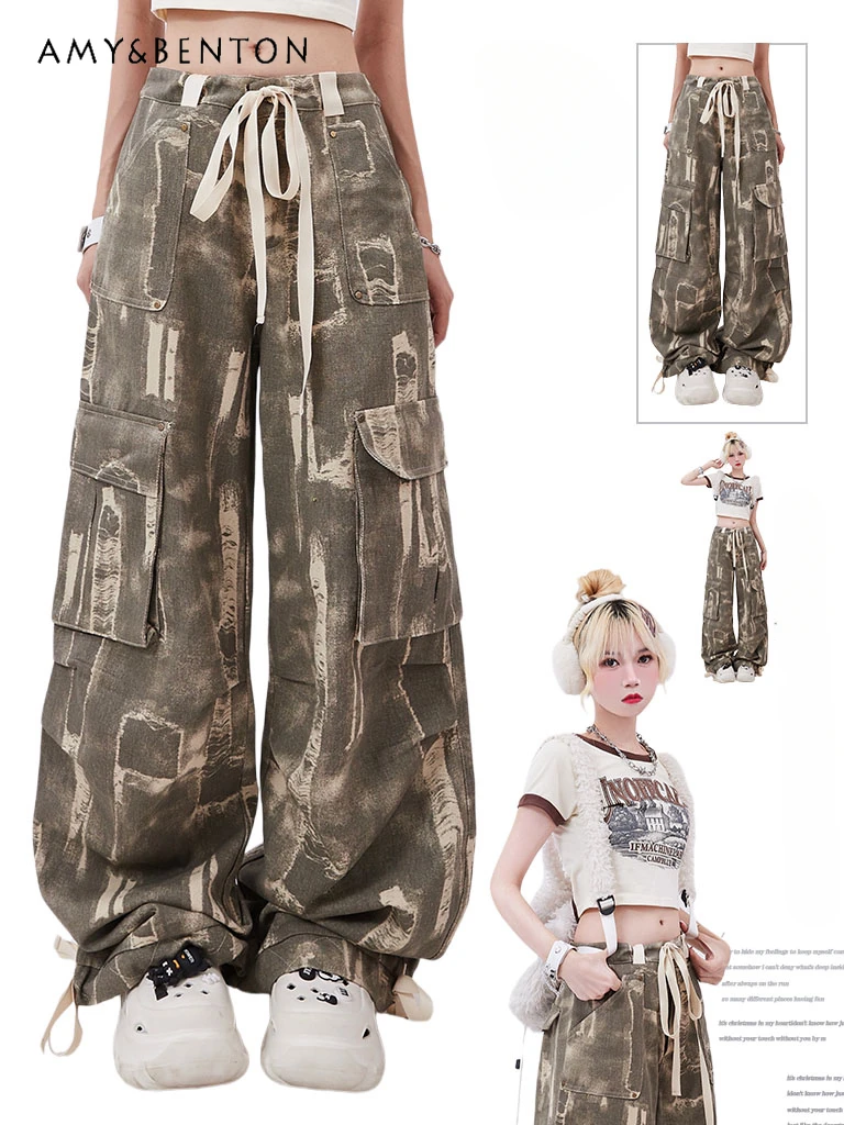 

Autumn New American Retro Printed Wide Leg Pants Women Three-Dimensional Pocket Do Old Jeans Pants Loose Slim Denim Trousers