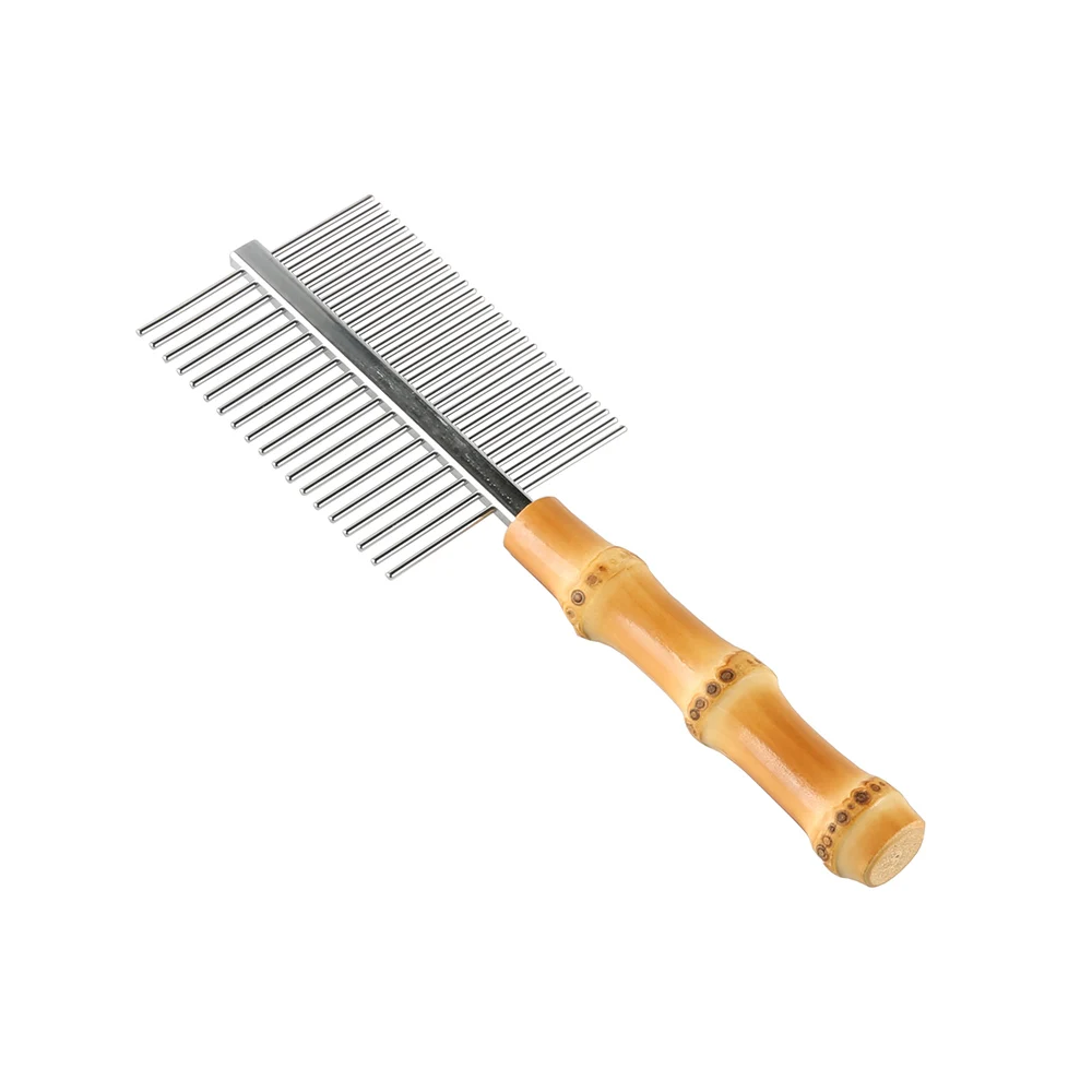 Massaggio Grooming Acciaio Inossidabile Double Sided Dense Wide Teeth Legno Naturale Bambù Root Handle Dog Cat Hair Brush Pettine Per Animali Domestic