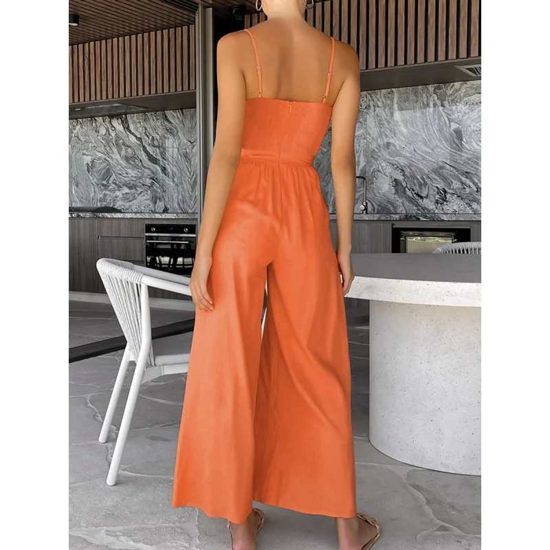 2024 Spring and Summer Vacation Sexy Cotton Linen Sleeveless Wide Leg Pants Jumpsuit Women Fashion Casual Loose Bodysuit Fengsb