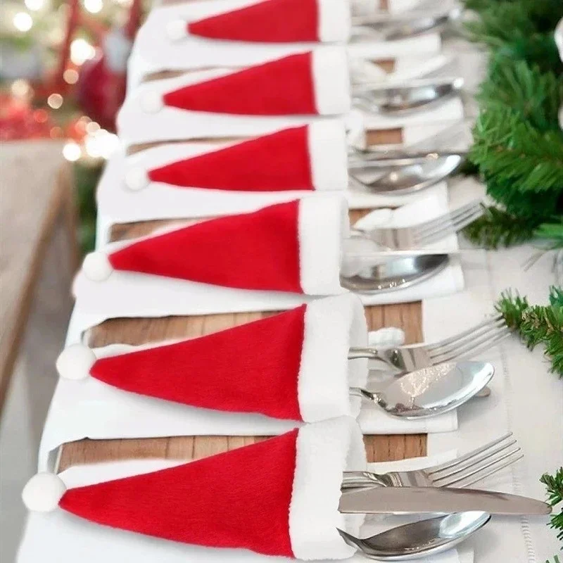 30/5pcs Christmas Santa Hat Tableware Holder Knife Fork Pocket Christmas Dinner Party Wine Bottle Covers Xmas Hats Decorations
