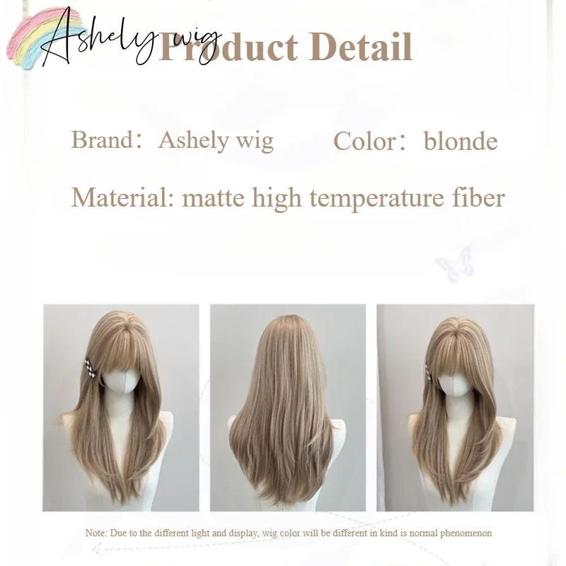 Parrucca bionda con frangia Parrucca per capelli medi lisci da 22 pollici per donna Parrucche sintetiche morbide naturali in fibre resistenti al calore 가Peluca - immagine 4