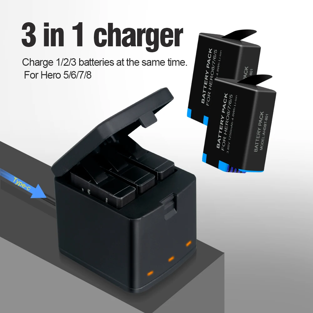

Original Battery for GoPro Hero 8 7 6 5 Battery for GoPro Action Sports Camera with 3-Ways Fast Charger